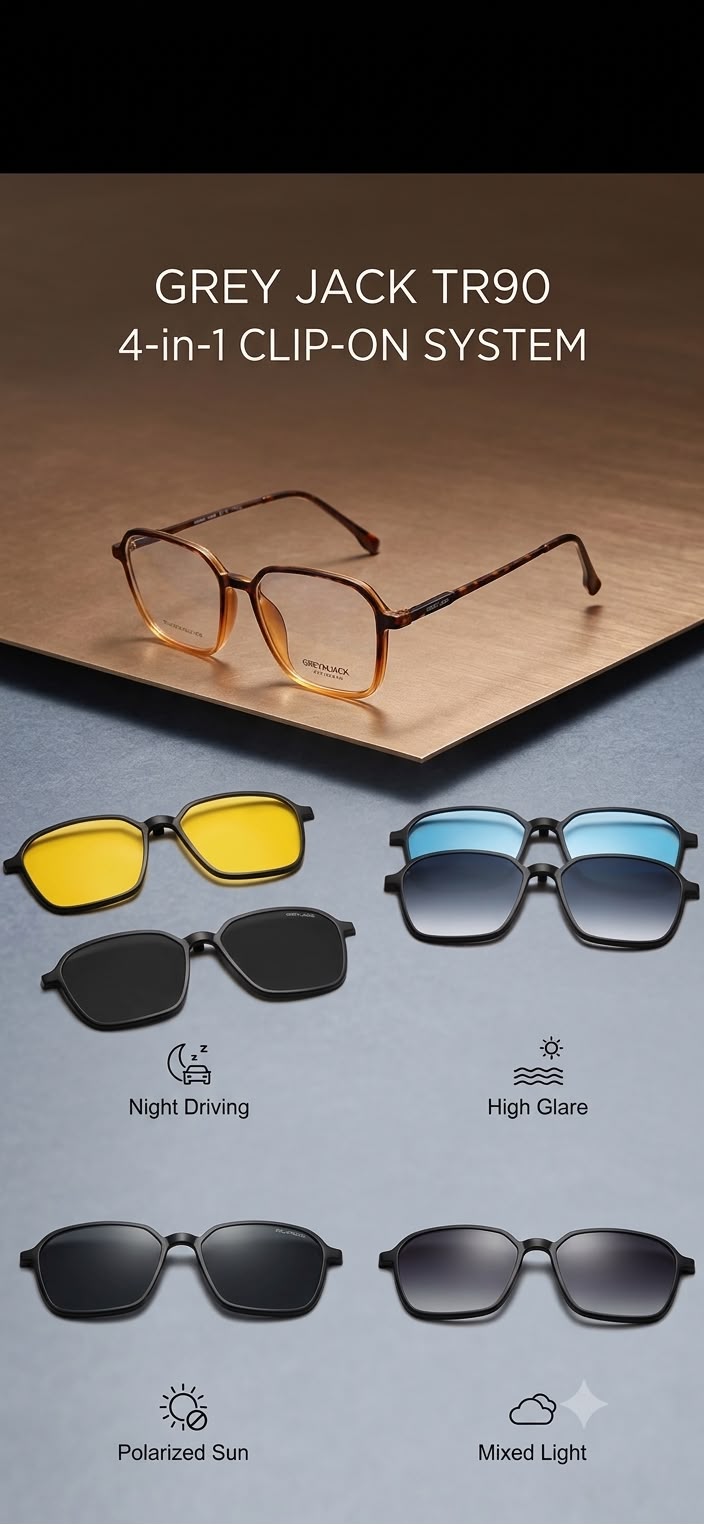 5-in-1 Magnetic Clip-On Sunglasses & Optical Frame Set - Unisex TR90 Eyewear