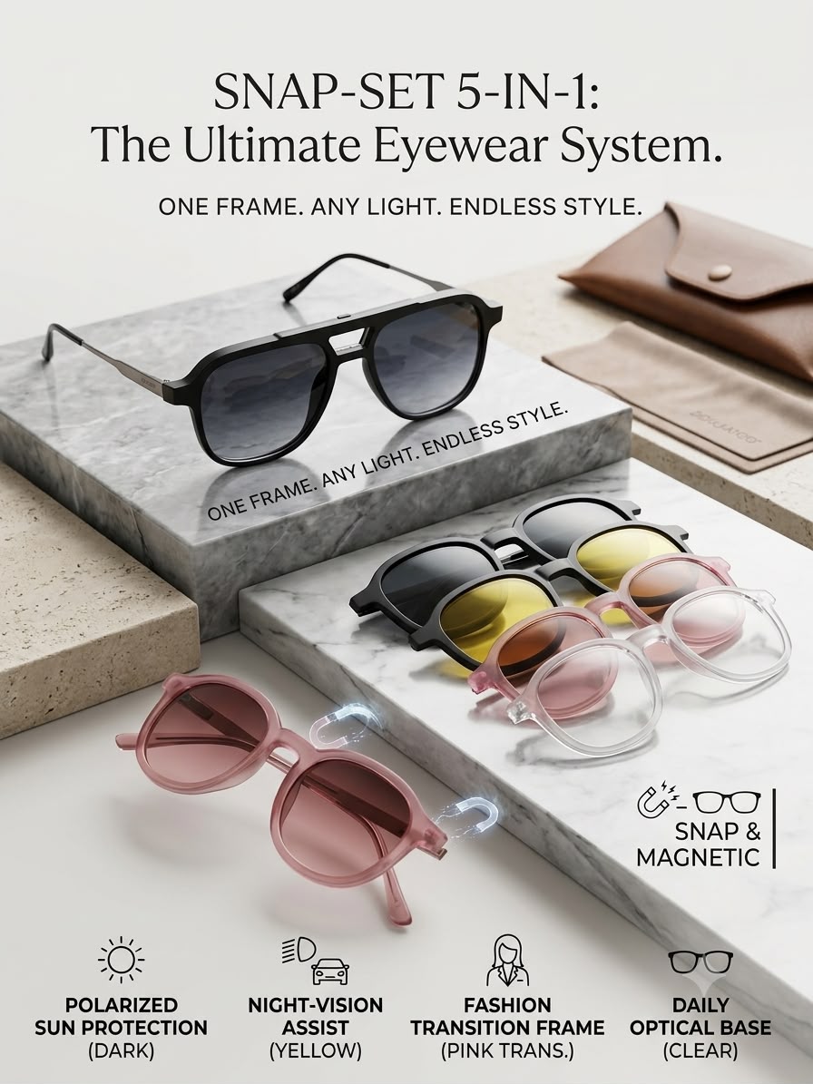 5-in-1 Magnetic Clip-On Sunglasses & Optical Frame Set - Unisex TR90 Eyewear
